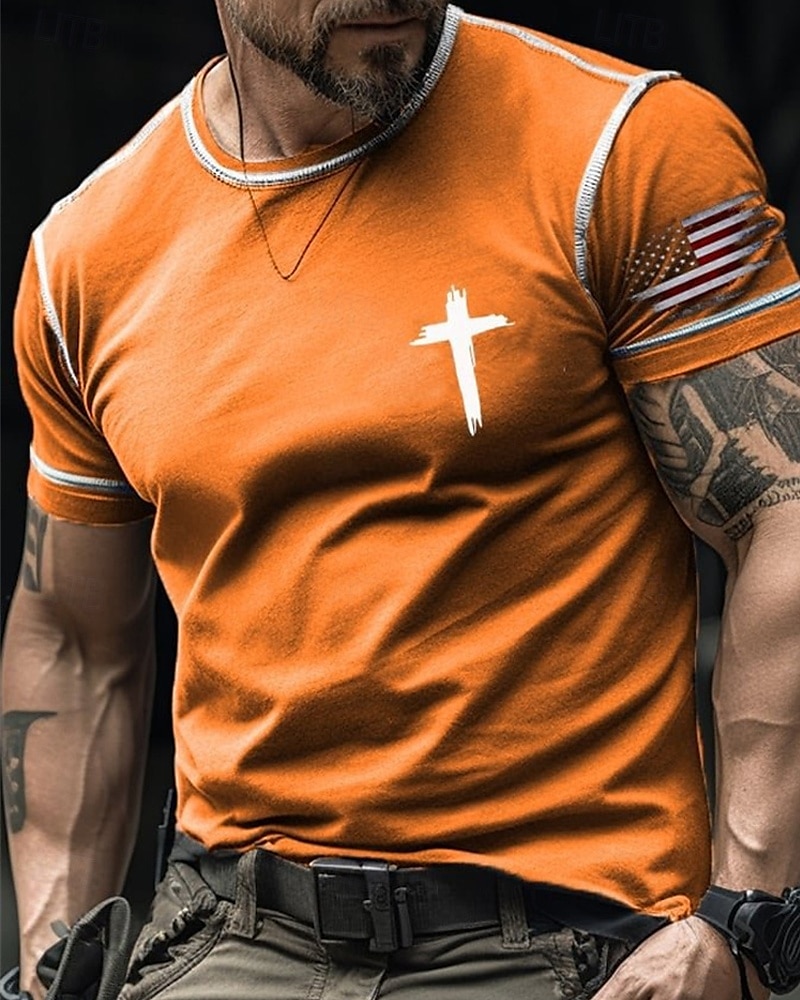 Bărbați Tricou Tricouri Cămașă cu mânecă scurtă Tee Top Manșon scurt Stil Nautic Vară Drapelul SUA american Σταυρός Modă Designer De Bază Imprimeu Vacanță Stradă Ieșire Negru Rosu Portocaliu Top 2025 - $13.49 –P3