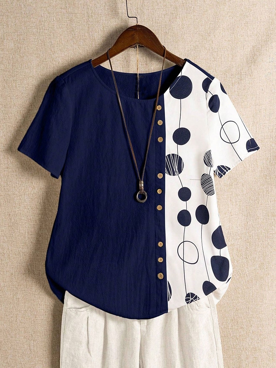 Dame Skjorte Bluse Grafisk Polkadotter Grunnleggende Kortermet Crew-hals Vanlige topper Ferie Knapper Trykt mønster Hvit Navyblå Grønn Sommer Vår 2025 - $25.99 –P6