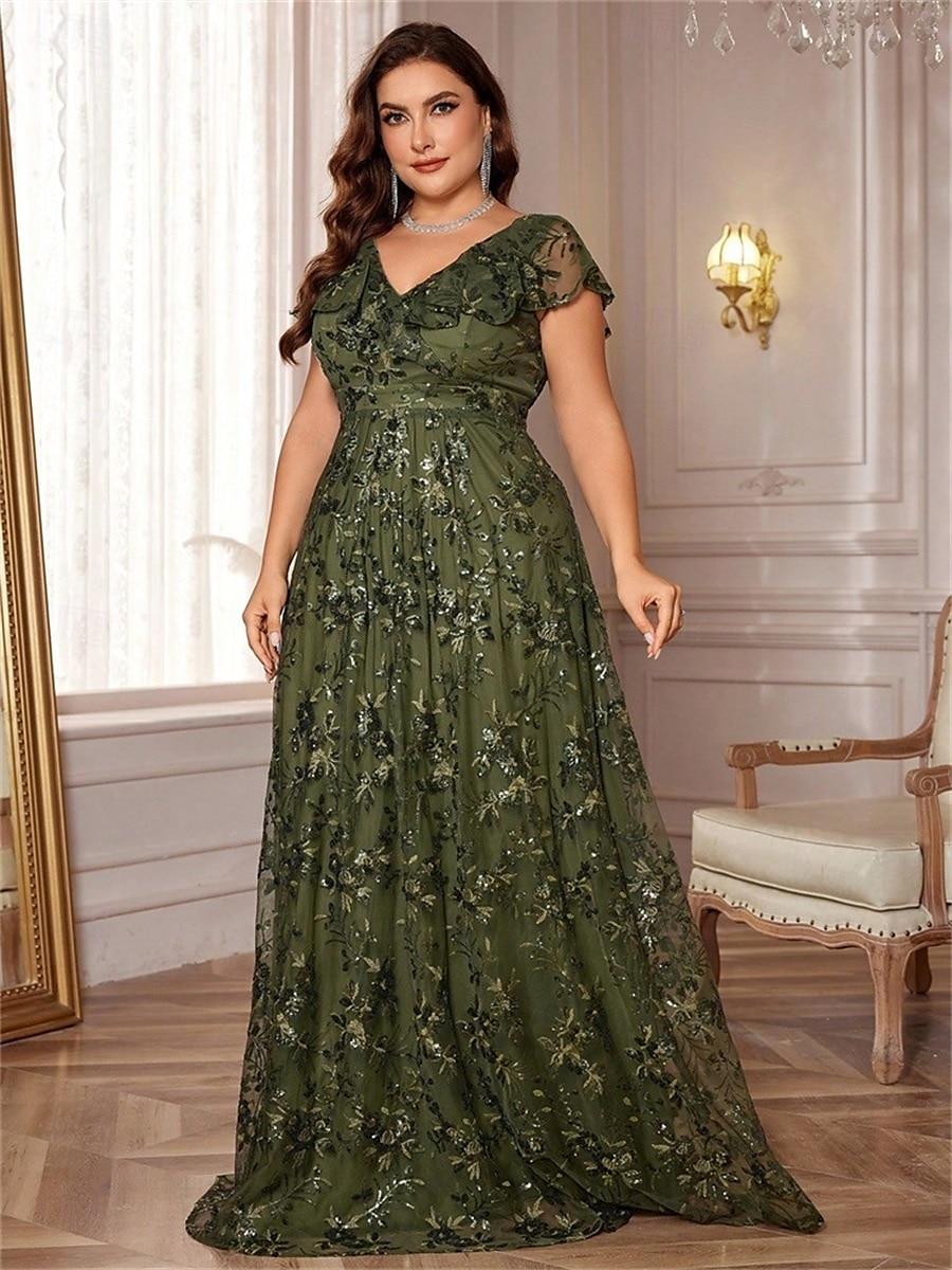 Robe A-Ligne Grande Taille Élégante Robe Courbée Formelle Mariage Longue Traîne Manches Courtes Décolleté en V en Polyester Dos V avec Sequins 2025 de 2025 ? $119.99 –P2