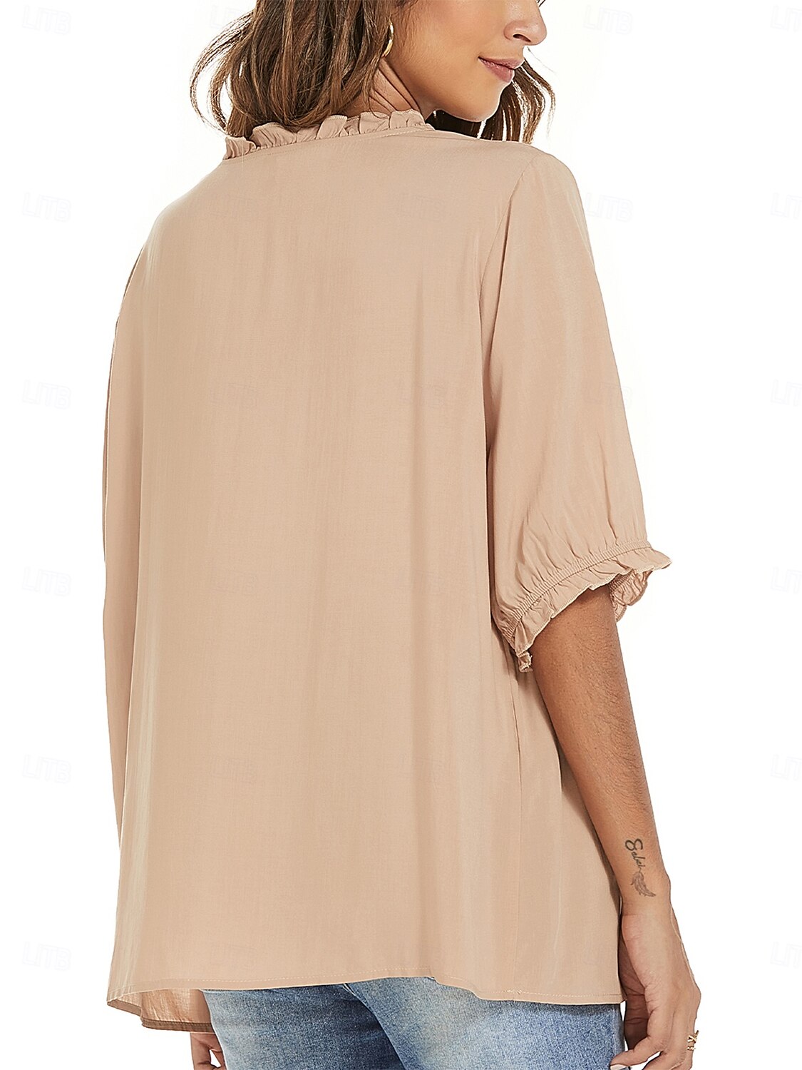 Damen Hemd Einfarbig Blumen Lässig Boho Dreiviertelarm Ellbogenärmel Rundhalsausschnitt Normale Oberteile Täglich Ausgehen Rüsche Bestickt Schwarz Weiß Rote Khaki Sommer 2025 - $24.99 –P16