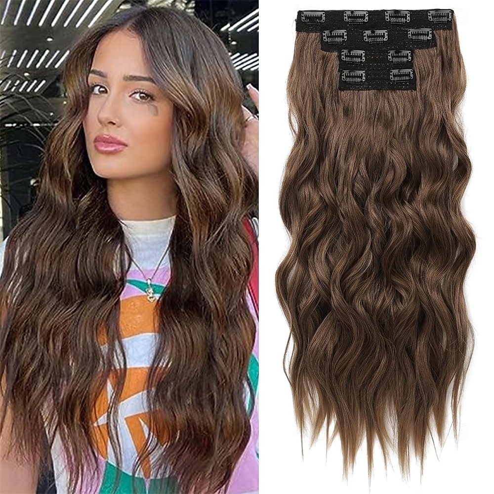 Extensiones de cabello con clip, 4 unidades, 24 unidades, ondas playeras largas y gruesas, trama de encaje invisible, rubio medio con reflejos rubios, HE003 2025 - $26.99 –P3