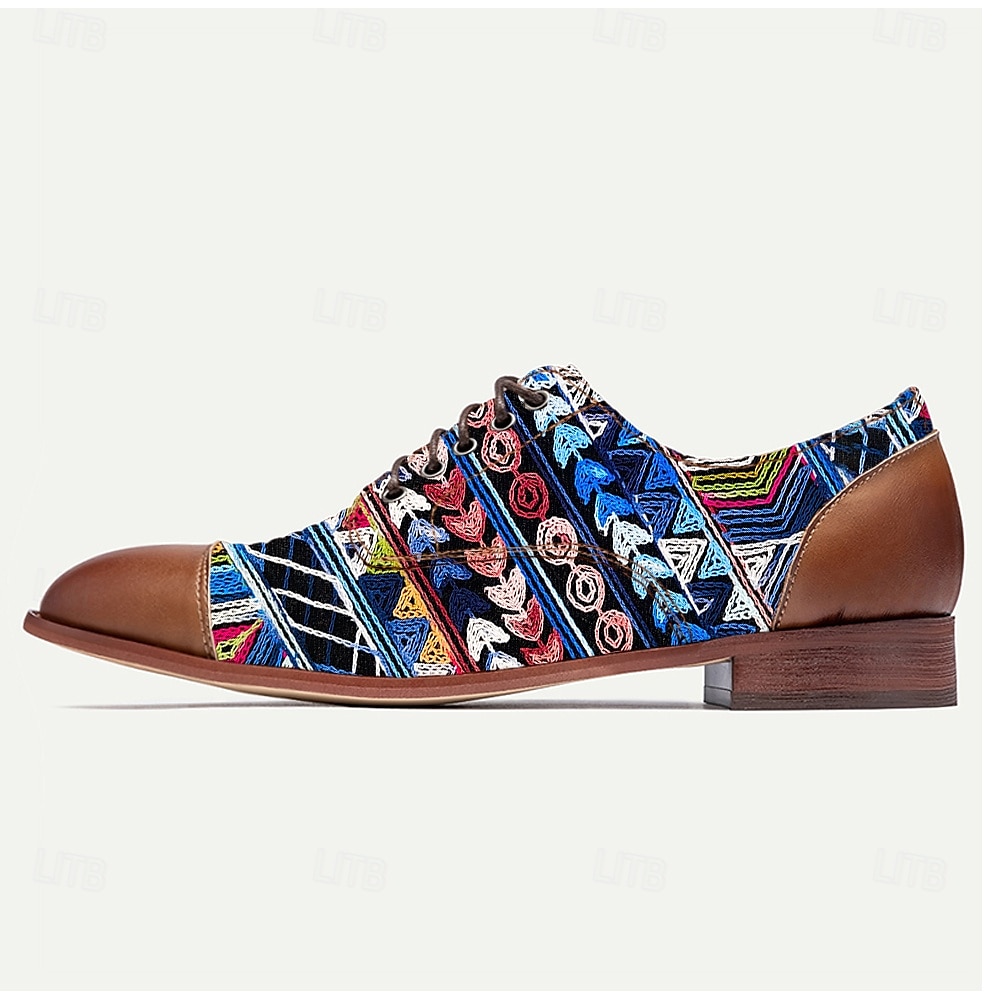 Men’s Tribal Geometric Jacquard Fabric Derby Shoes with Brown Faux Leather Details, Ethnic Style Lace-Ups for Cultural Events, Banquets and Fashion Shoots 2025 - $46.99 –P5