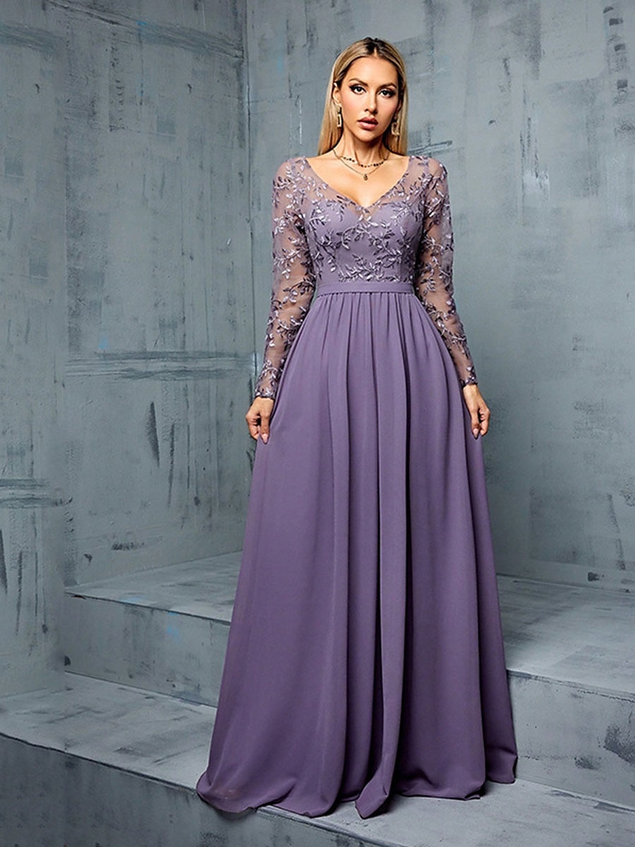 A-Lijn Quinceanera Jurken Elegante Jurk Formele Bruiloft Vloerlengte Lange Mouw V-Hals Chiffon met Plooien 2025 - $109.99 –P6