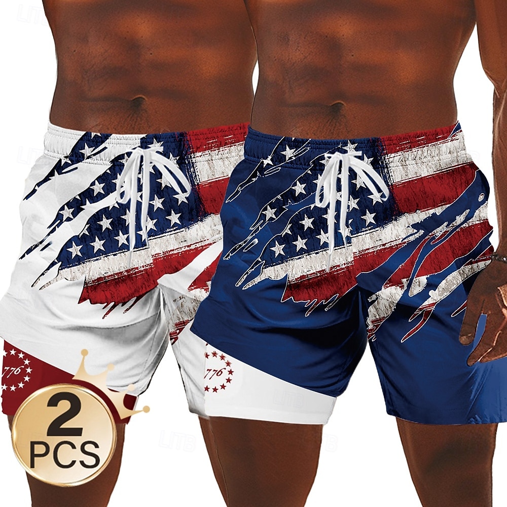 Unabhängigkeitstag Herren 2-teilig mit US-Flagge, patriotische gefütterte Shorts, 2-in-1-Boardshorts, Badehose, mittelhohe Taille, Urlaubs-Seitentaschen mit Kompressionsfutter, elastischer Kordelzug 2025 - $32.99 –P4