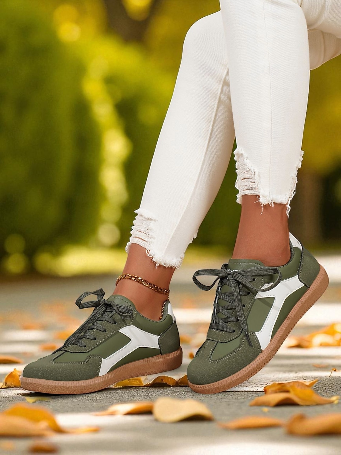 Sneakers da donna verdi con lacci: scarpe casual ispirate al retrò con dettagli a contrasto bianchi per passeggiate, scuola e commissioni quotidiane del 2025 a $24.99 –P4