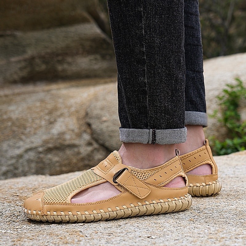 Men's Breathable Mesh Leather Sandals – Casual Hook and Loop Outdoor Fisherman Shoes for Summer Walking and Beach Travel 2025 - $46.99 –P7