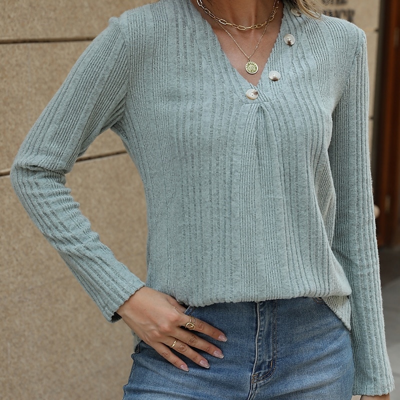 Dames Blouse Effen Modern Casual Lange mouw V-hals Normale tops Dagelijks Uitgaan Knop Zwart blauw Fuchsia Bruin Groen Herfst 2025 - $18.99 –P4