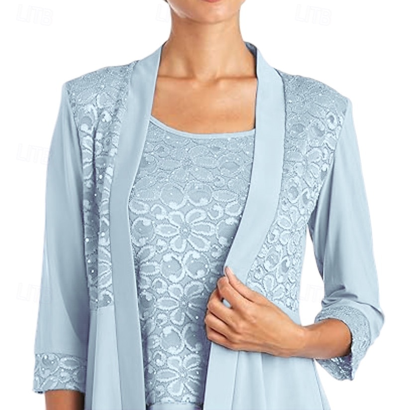 Overall / Hosenanzug Dreiteilig Hosenanzug Brautmutterkleid Elegant Vintage Einfach U-Boot-Ausschnitt Knöchellänge Stretch Chiffon Halbarm mit Spitze Paillette Stickerei 2025 2025 - $129.99 –P2