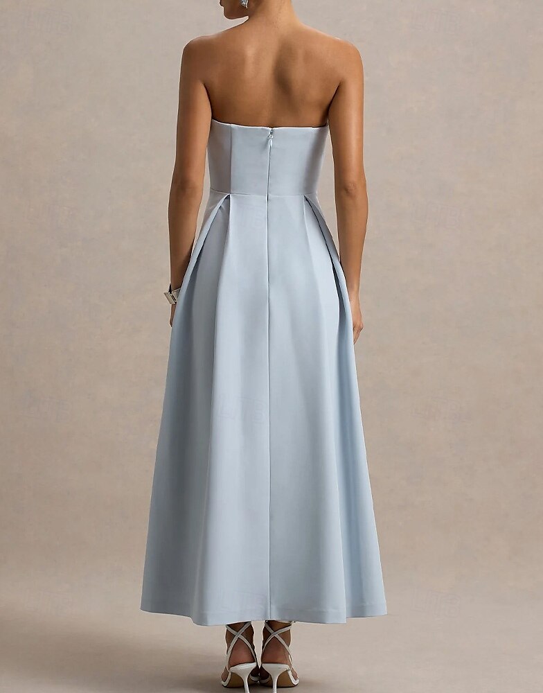 Abiti da cocktail a trapezio, eleganti, abiti da cerimonia, da sposa, lunghezza tè, midi, senza maniche, scollo a cuore, in crêpe elasticizzata con pieghe e tasca 2025 del 2025 a $129.99 –P4