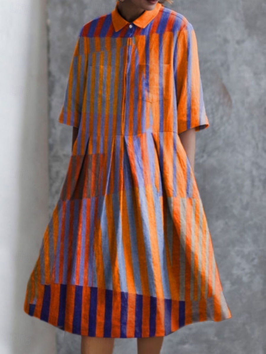 Per donna Abito Midi Abito a trapezio Abito Estivo Casual Quotidiano Vestibilità regolare Geometrico A righe Mezza Manica Bavero Rosso Blu Azzurro cielo Albicocca Estate del 2025 a $41.99 –P1