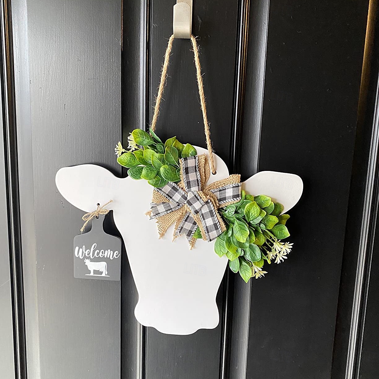 guirlanda de porta com cabeça de vaca e laço xadrez de búfalo, guirlanda de porta de entrada com flores artificiais e placa de bezerro de madeira, decoração de parede rústica de 2025 por $23.99 –P6