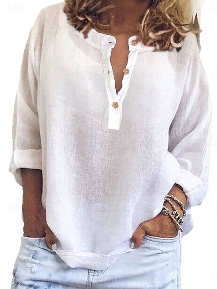 Femmes Chemise Couleur Unie Uni Élégant Occasionnel manche longue Col en V Encolure en V Hauts Réguliers Quotidien Boutons Blanche Jaune Bleu Violet Été Printemps de 2025 ? $18.99 –P6