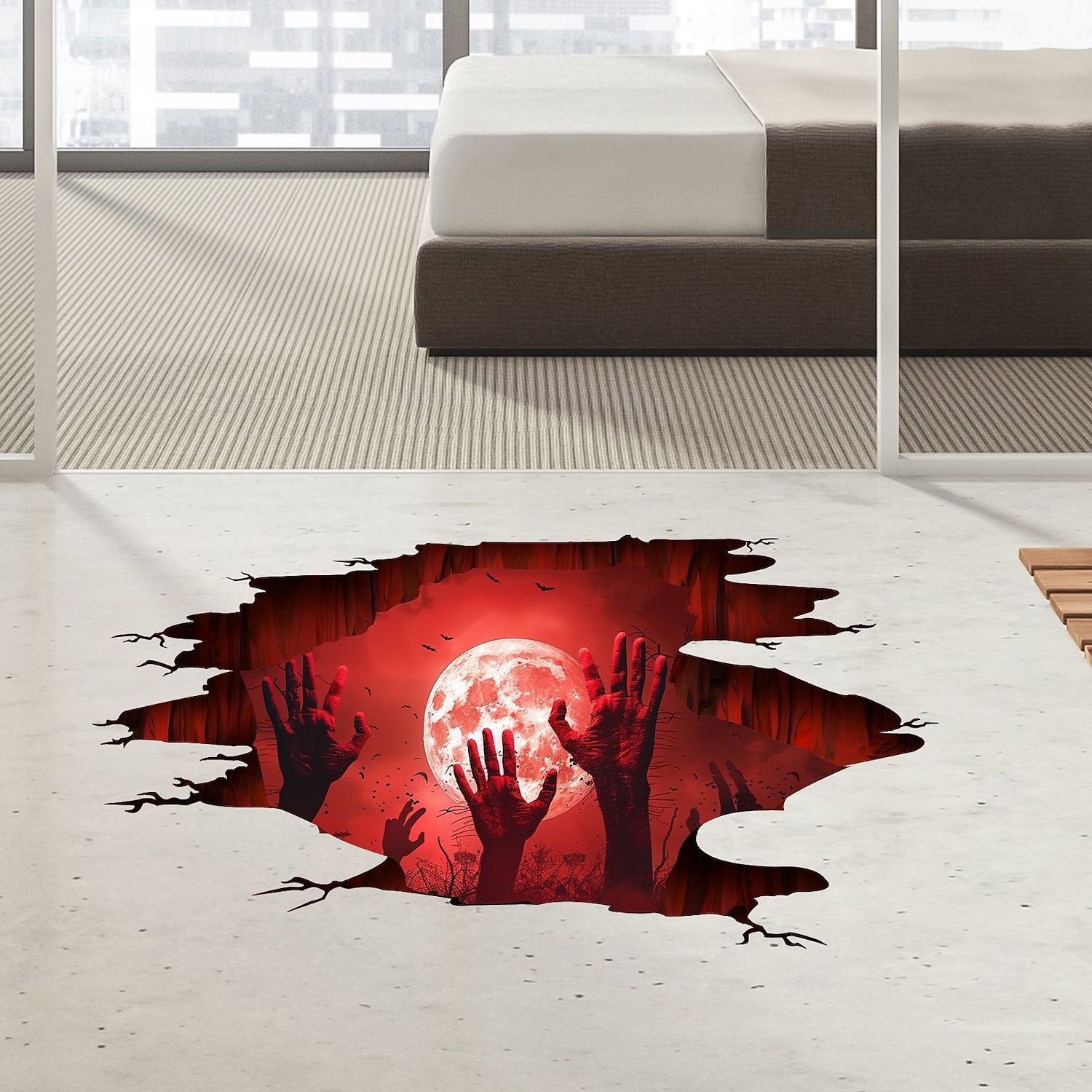 chão de Halloween &Adesivo de parede 3D assustador com lua vermelha e design inovador de mão, decoração autoadesiva de piso e parede para quarto e sala de estar de 2025 por $6.49 –P3
