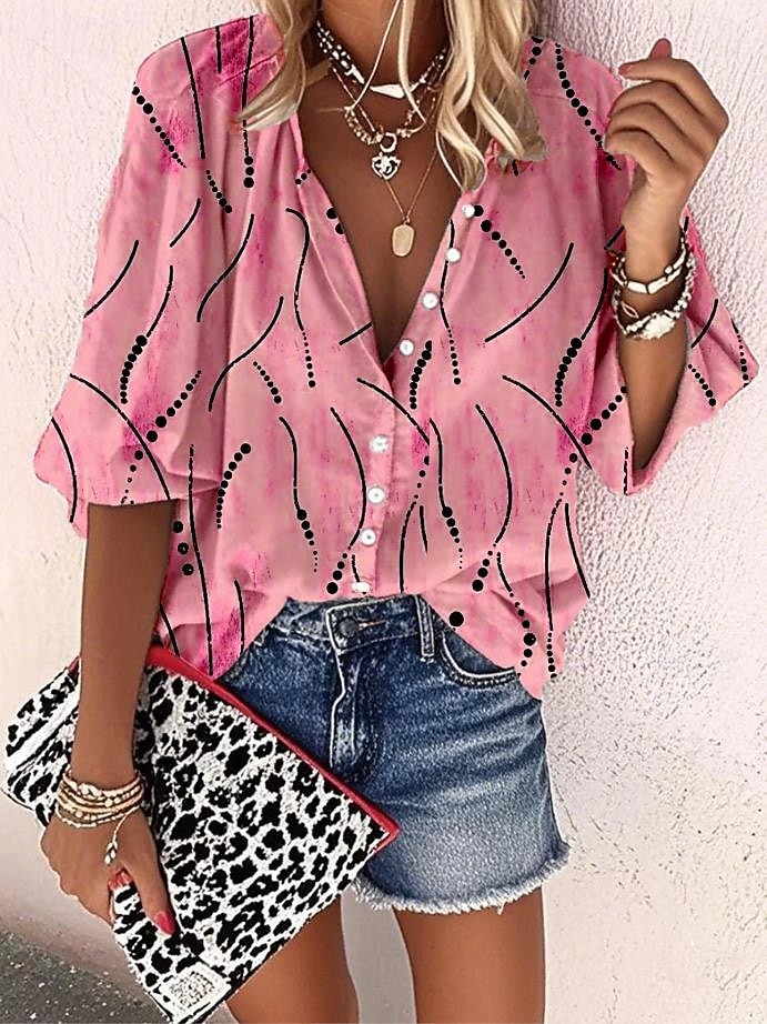 Damen Bluse Grafik Geometrisch Elegant Täglich Stilvoll Dreiviertelarm Hoher Ausschnitt Normale Oberteile Knöpfe Druck Weiß Gelb Rosa Blau Sommer Frühling 2025 - $34.99 –P2