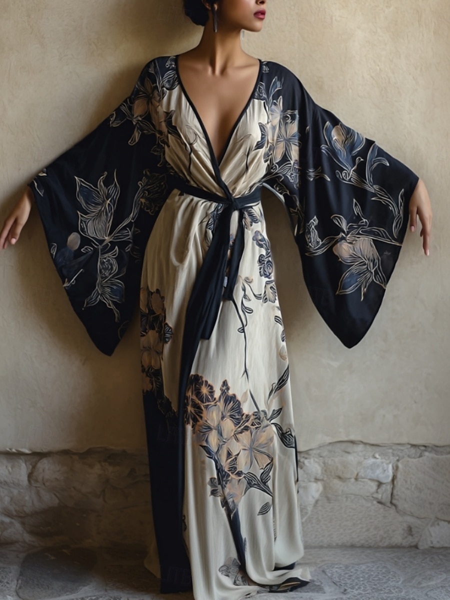 Femmes Robe Longue Maxi Robe Robe Décontractée Robe évasée Robe d'été Mode Moderne Quotidien Fête Plage Coupe régulière Fleuri manche longue Col en V Vin bleu marine Bleu Violet Été Printemps de 2025 ? $24.99 –P2