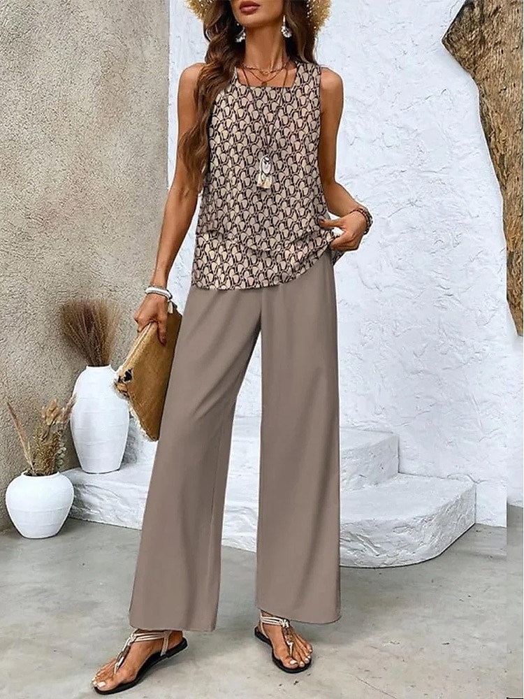 Damskie Moda Moda miejska Codzienny Zestawy spodni Bez rękawów Kwadratowy dekolt Jednokolorowe Kwiaty Nadruk Urlop Codzienny Czerwony Niebieski Brązowy Lato Regularny 2025 - $39.99 –P4