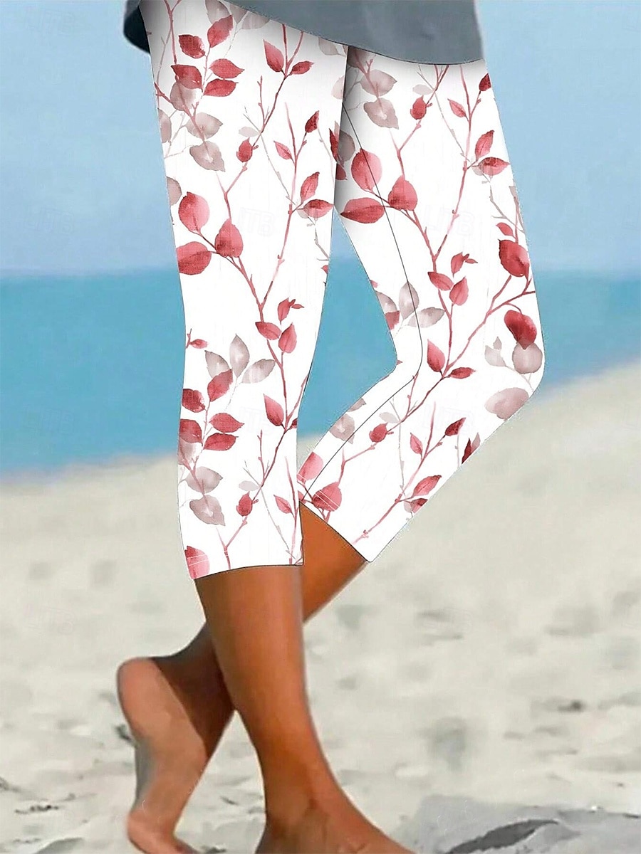 Women's Leggings Vacation Vintage Basic Calf-Length High Waist Graphic Leaf Breathable Quick Dry Soft Stretchy Casual Daily Holiday Robin's Egg Blue Yellow Red Green Summer Spring Slim Fit 2025 - $18.99 –P5