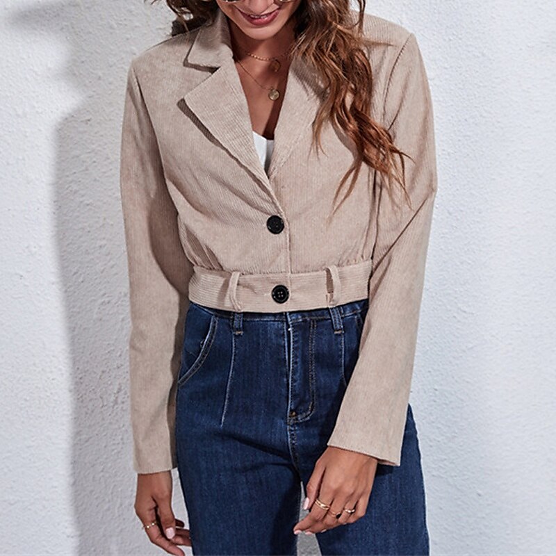 Femmes Veste Décontractée Chaud Confortable Velours Côtelé Mode Extérieur Uni Sortir Week-end Court Col Rabattu Coupe régulière manche longue Vêtements d'extérieur Kaki Automne Hiver de 2025 ? $24.99 –P1