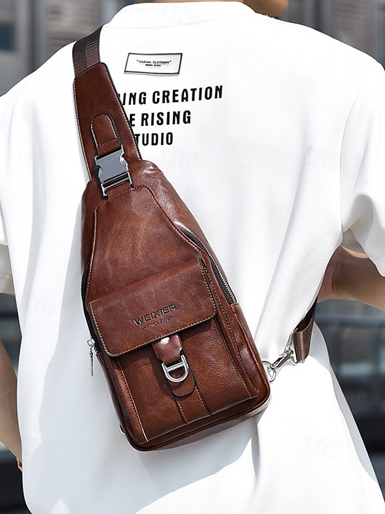 Ανδρική καφέ τσάντα χιαστί από τεχνητό δέρμα - αδιάβροχη και ανθεκτική στις γρατσουνιές τσάντα στήθους με ρυθμιζόμενο ιμάντα ώμου για ταξίδια, εργασία ή καθημερινή χρήση σε πάρτι 2026 - $19.99 –P1