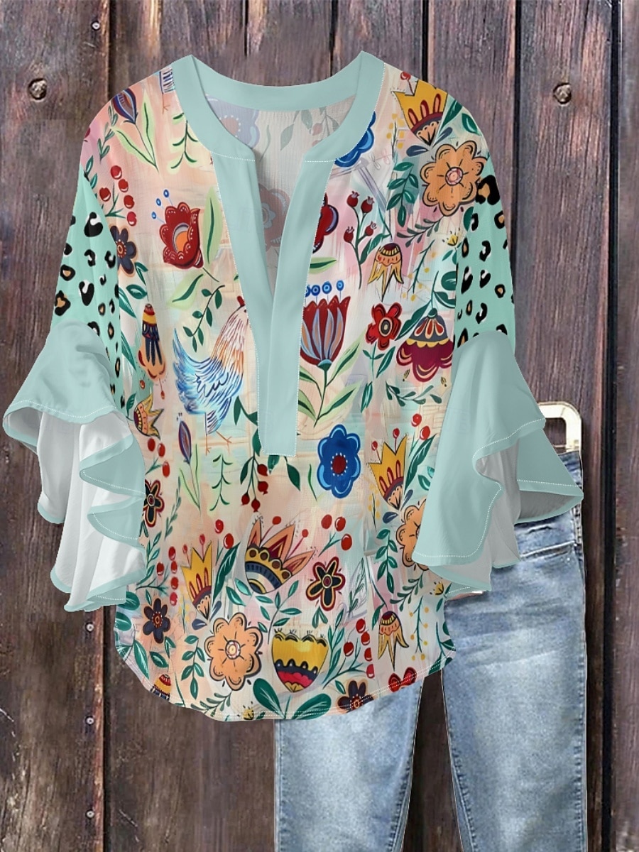 Mujer Blusa Volante Estampado Floral Elegante Moderno Manga 3/4 Escote en Pico Tops regulares Diario Festivos Azul Piscina Rosa Naranja Verde Trébol Verano 2026 - $37.99 –P3