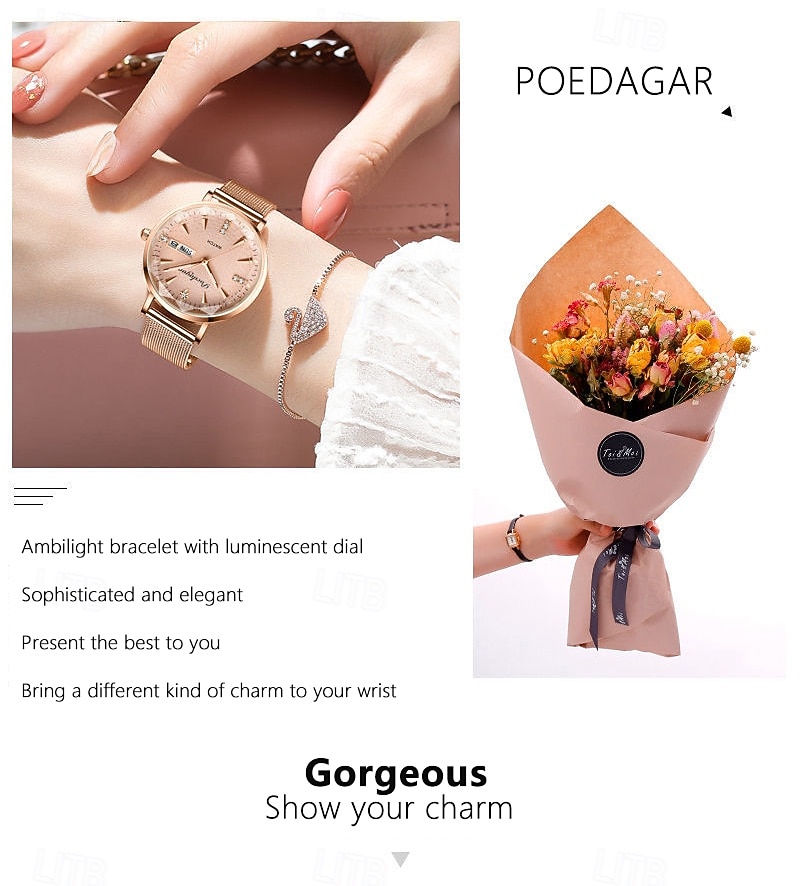 2026年 母の日の女性用ギフト 時計 ローズゴールド ステンレススチールメッシュ 日本製クォーツムーブメント シンプル 防水 ルミナスレディースウォッチ  コレクション – $31.99 –P9