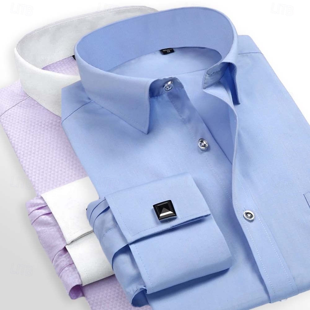 2025年 男性用 シャツ ドレスシャツ フレンチカフシャツ 平織り 結婚式 ビジネス ピンクとパープル ブルーとライトブルー 黄色 + 青 イエロー+ピンク 長袖 カラー オールシーズン 衣類 ポケット  コレクション – $33.99 –P6
