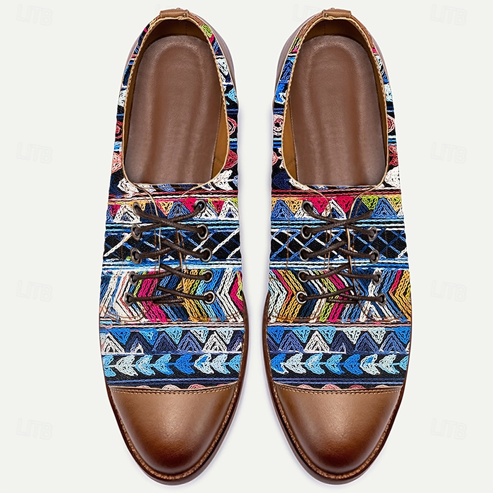 Men’s Tribal Geometric Jacquard Fabric Derby Shoes with Brown Faux Leather Details, Ethnic Style Lace-Ups for Cultural Events, Banquets and Fashion Shoots 2025 - $46.99 –P6