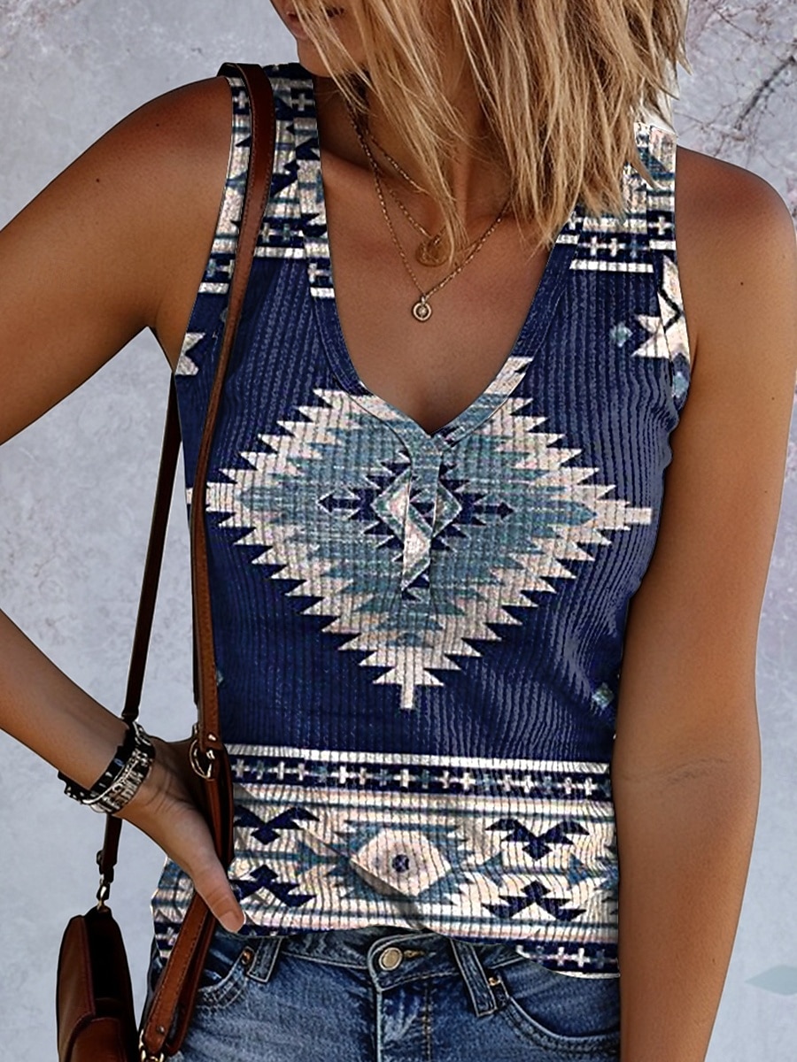 Dame Camisole Tank Top Grafisk Geometrisk Årgang Stilfull Etnisk Ermeløs V-hals Vanlige topper Daglig Trykt mønster Rød Blå Dusty Blue Sommer Vår 2025 - $17.99 –P4