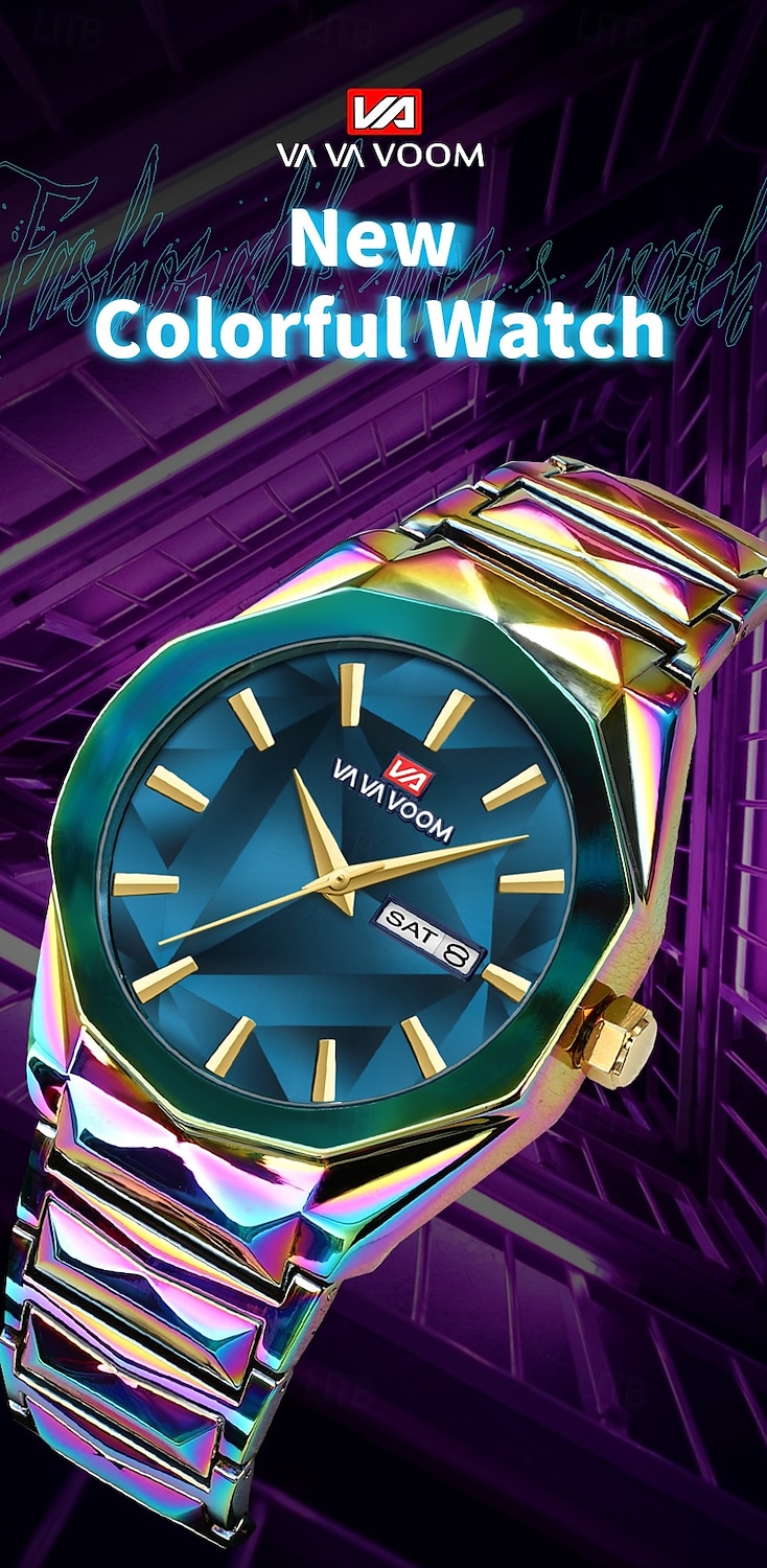 VA VA VOOM Men's Watch Business And Leisure Dual Calendar Waterproof Stainless Steel Strap Color Changing Dial Quartz Watch 2025 - $29.99 –P1