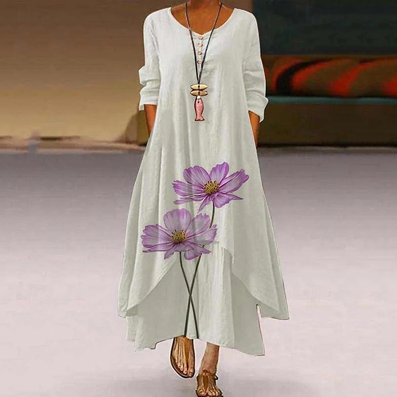Femmes Robe Longue Maxi Robe Robe Décontractée Robe Imprimée Élégant Mode Classique Extérieur Vacances Fête Coupe régulière Fleur manche longue Col en V Blanche Jaune Été Printemps de 2025 ? $25.99 –P1