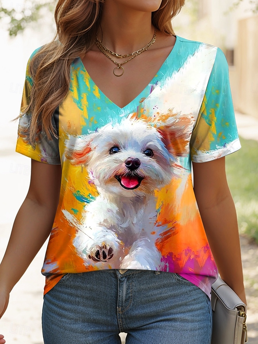 Femmes T-shirt Graphique Animal Chien ancien Élégant Occasionnel Manche Courte Col en V Hauts Réguliers Quotidien Imprimé Jaune Bleu Orange Bleu clair Été Printemps de 2025 ? $19.99 –P4