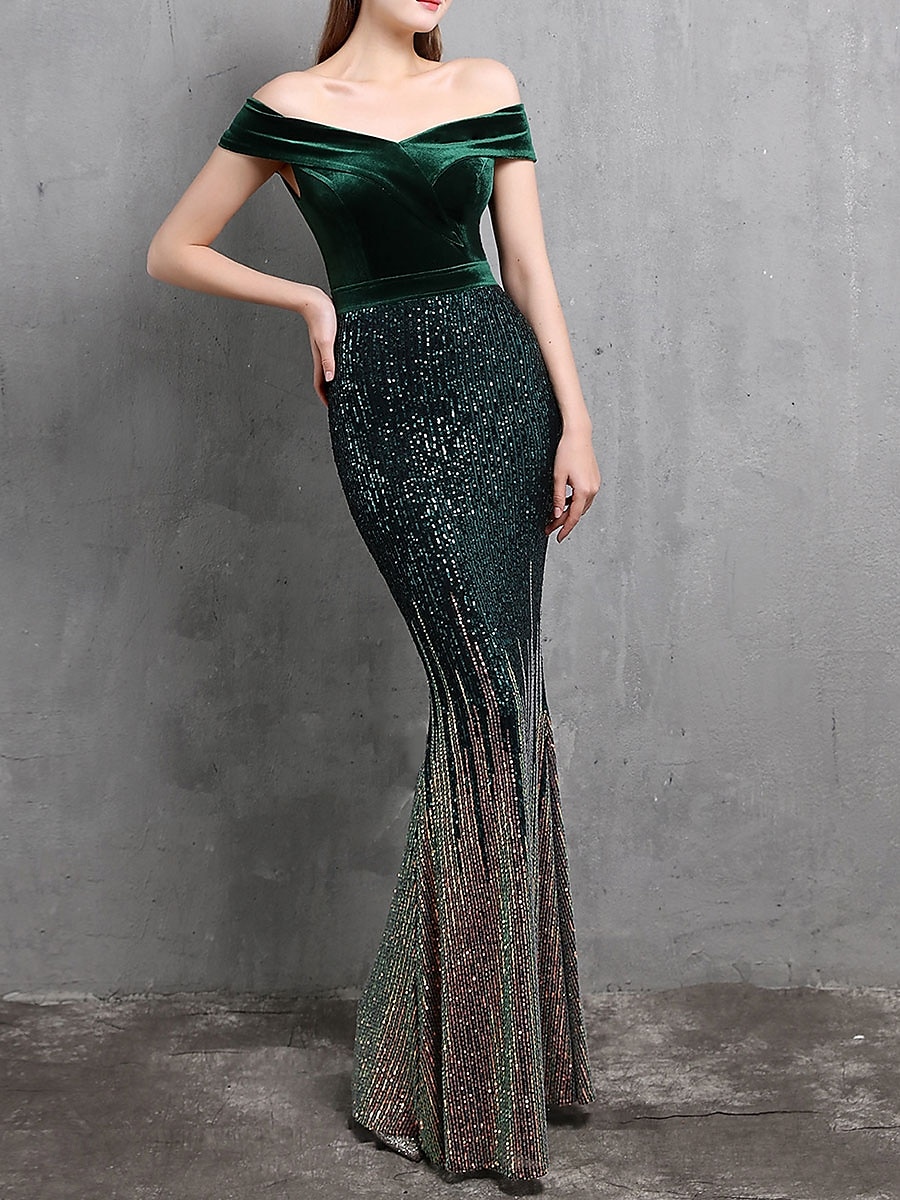 Mermaid / Trumpet Evening Gown Elegant Dress Formal Wedding Floor Length Short Sleeve Off Shoulder Velvet with Beading 2025 - $129.99 –P10