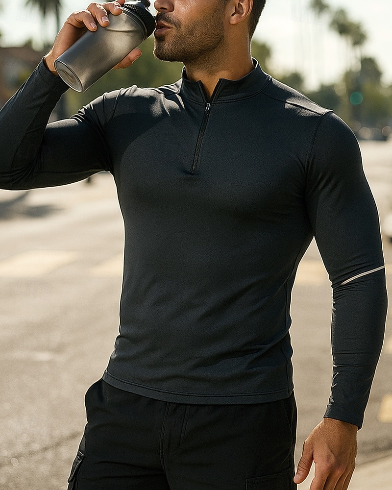 2025年 男性用 ランニングトップ ランニングTシャツ クォータージップ 長袖 Tシャツ ソリッド 速乾性 ライトウェイト 高通気性 テニス ゴルフ ランニング スポーツウェア アクティブウェア ダークグレー ブラック ホワイト  コレクション – $25.99 –P4