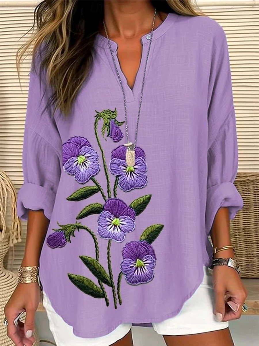 Damen Bluse Ombre Blumen Grafik Elegant Täglich Stilvoll Langarm V Ausschnitt Einkerbiger Ausschnitt Normale Oberteile Täglich Ferien Druck Weiß Violett Purpur Fuchsie Violett Sommer Frühling 2025 - $24.99 –P4