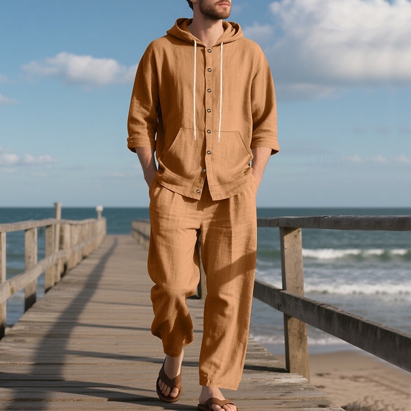 Men's T-shirt Suits Shirt and Pant Sets 2 Pieces Outfits Long Sleeve Hooded Summer Spring Solid Color Fashion Casual Buttons 2 Piece Vacation Daily Wear Going out Black White Yellow Top Tee for Men 2025 - $45.99 –P4