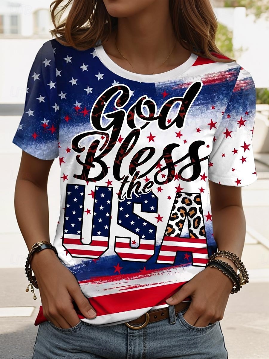 Independence Day Patriotic Women's T Shirt Graphic Flag Vintage Casual Short Sleeve Crew Neck Regular Tops Daily Weekend Print White Red Blue Dusty Blue Summer Spring 2026 - $22.99 –P5