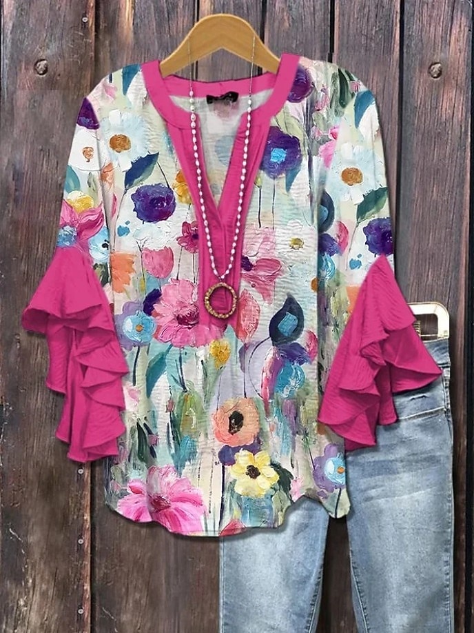 Damen Bluse Blumen Grafik Gestreift Elegant Bohemien Ethnisch Dreiviertelarm V Ausschnitt Normale Oberteile Täglich Ferien Urlaubskleidung Rüsche Druck Rosa Blau Staubiges Blau Grün Khaki Sommer 2025 - $29.99 –P1