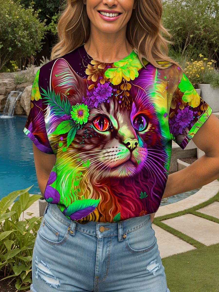 Damen T Shirt Blumen Grafik Tiermotiv Vintage Stilvoll Klassisch Kurzarm Rundhalsausschnitt Rundhals Normale Oberteile Täglich Wochenende Druck Gelb Rote Blau Purpur Grün Sommer Frühling 2025 - $19.99 –P4