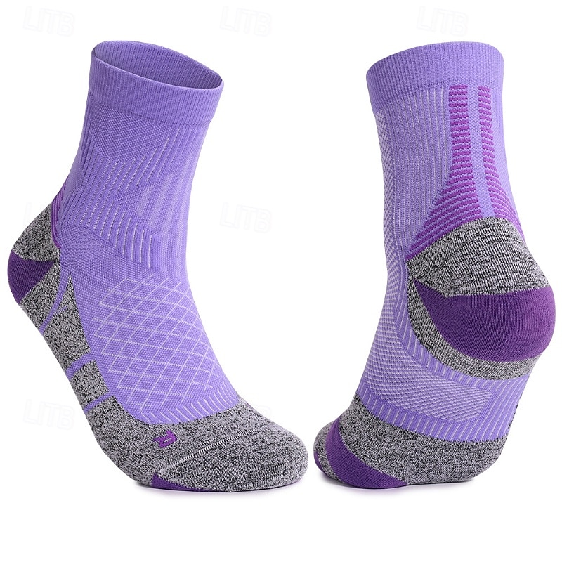 1 par de calcetines de senderismo para hombre, calcetines deportivos transpirables, antiampollas, que absorben el sudor, antibacterianos, para exteriores, de un cuarto de tripulación, de algodón, con parches, violeta, negro y blanco, para esquí, snowboard 2025 - $10.39 –P6