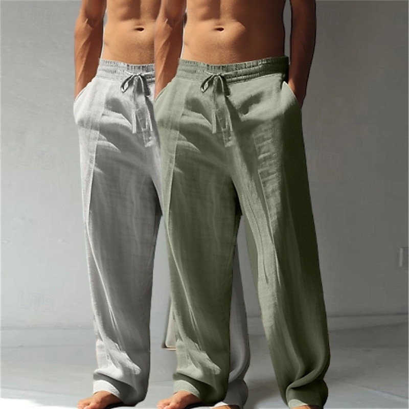 Herren Leinenhosen Hose Sommerhose Baggy-Hosen Strandhose Kordelzug Elastischer Bund Gerader Schnitt Einfach Komfort Atmungsaktiv Volle Länge Lässig Täglich Ferien Urlaub Klassicher Stil Grün + grau 2025 - $27.99 –P9