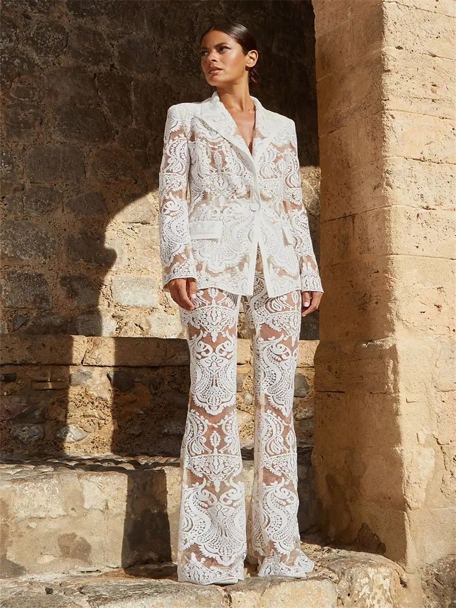 Conjunto de Calças Vestido da Mãe da Noiva Vestido Elegante Colarinho de Camisa Comprimento do Tornozelo Renda Mangas Longas com Cor Sólida de 2025 por $149.99 –P1