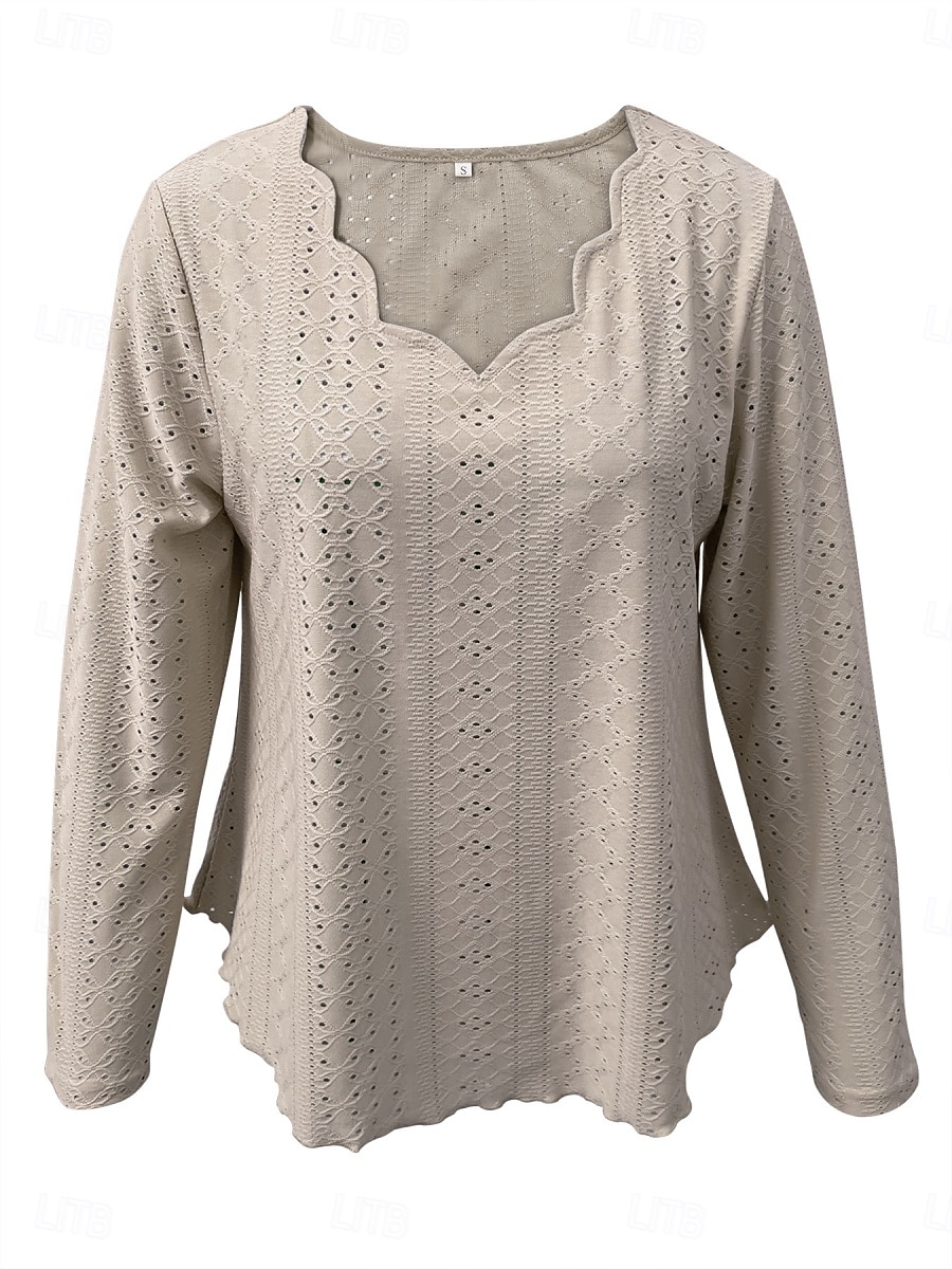 Women's Blouse Solid Color Basic Casual Long Sleeve V Neck Regular Tops Daily Eyelet Black White Pink Khaki Summer 2025 - $17.99 –P14
