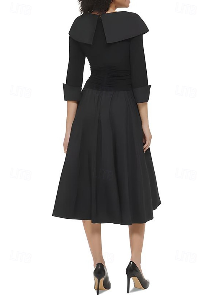 Vestido de mãe da noiva em corte A, elegante, simples e minimalista, decote em V, gola alta, comprimento chá, tafetá, chiffon elástico, manga 3/4, com botões, franzido 2025 de 2025 por $135.99 –P3