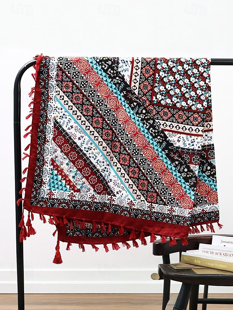 Boho firkantet skjerf med dusker til dame – lett sjal i blandet bomull med etnisk trykk for uformelle antrekk, reiser og festivaler 2025 - $14.99 –P8