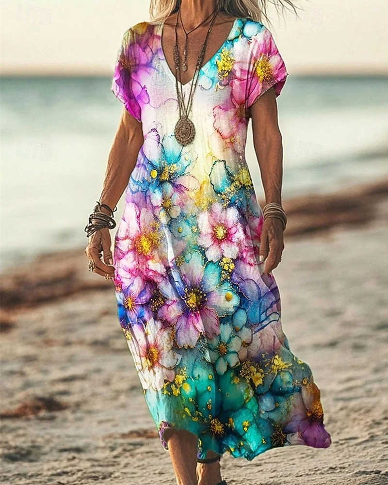 Femmes Robe Longue Maxi Robe Robe Décontractée Robe d'été Mode Extérieur Soirée Fête Coupe régulière Fleur Manche Courte Col en V Jaune Bleu Violet Marron Été de 2025 ? $24.99 –P2