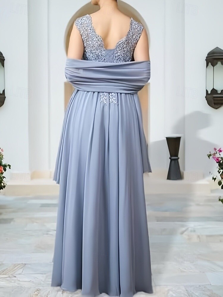 Linea ad A Abiti per invitati a matrimoni Elegante Vestito Ospite di nozze Fidanzamento Lunghezza al pavimento Senza Maniche Scollo a V Chiffon con Applicazioni Scialle 2025 del 2025 a $177.99 –P2
