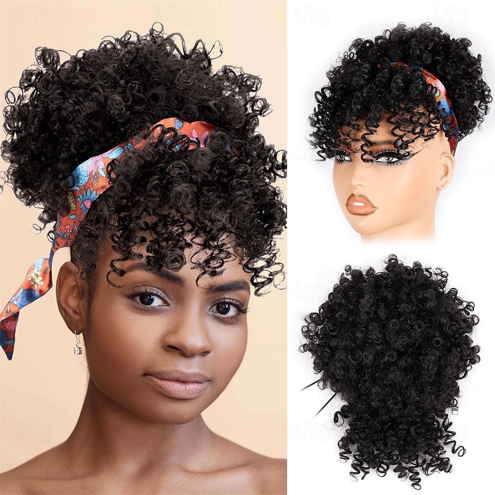 Queue de cheval à cordon pour femmes noires, extension de queue de cheval afro bouffante, cheveux crépus et bouclés, avec frange, chignon noir, queue de cheval en cheveux naturels de 2025 ? $15.49 –P5