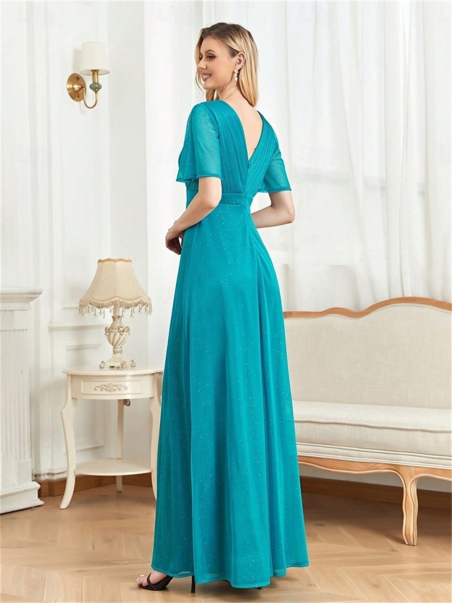 A-Linjainen Quinceanera-mekko Elegantti Mekko Viralliset Häät Lattiapituus Lyhythihainen V-aukko Šifoni Pleidillä 2025 - $89.99 –P5