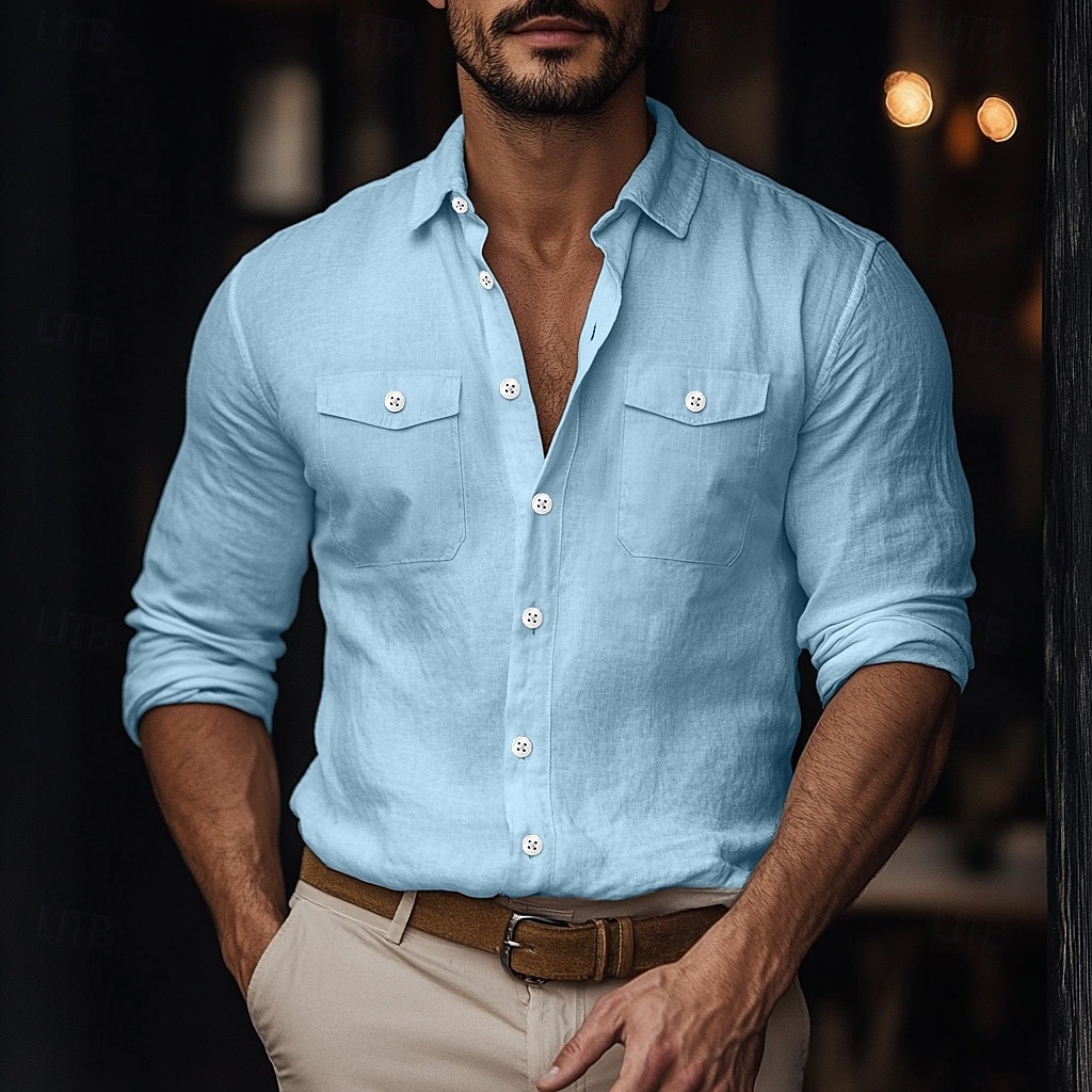 Herren Hemd Leinenhemd Sommerhemd Strandbekleidung Knopfhemd Einfarbig Urlaub Straße Weiß Blau Grün Khaki Langarm Umschlagkragen Sommer Frühling Bekleidung Tasche 2025 - $23.99 –P8