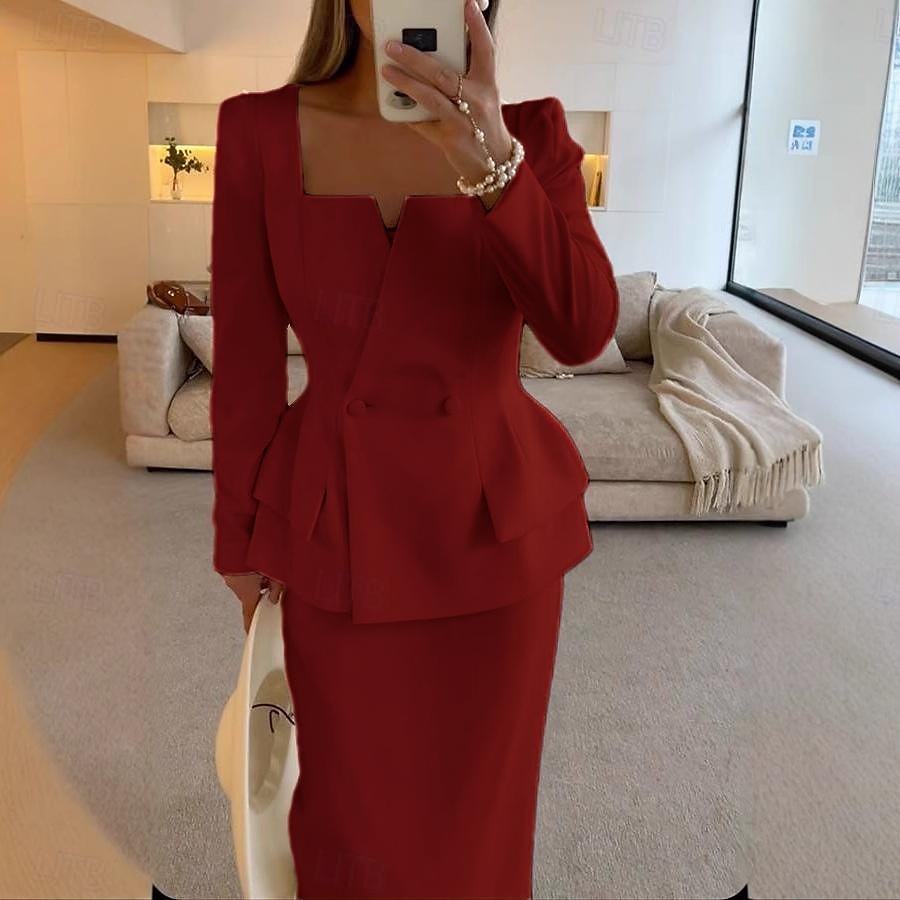 Zweiteilig Meerjungfrauenschnitt Brautmutterkleid Formell Elegant Einfach Minimalistisch Quadrathals Tee-Länge Krepp Stretchstoff Langarm mit Einfarbig 2025 2025 - $139.99 –P10